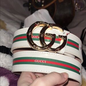 Gucci White Belt with Red and Green Stripes and Gold Buckle